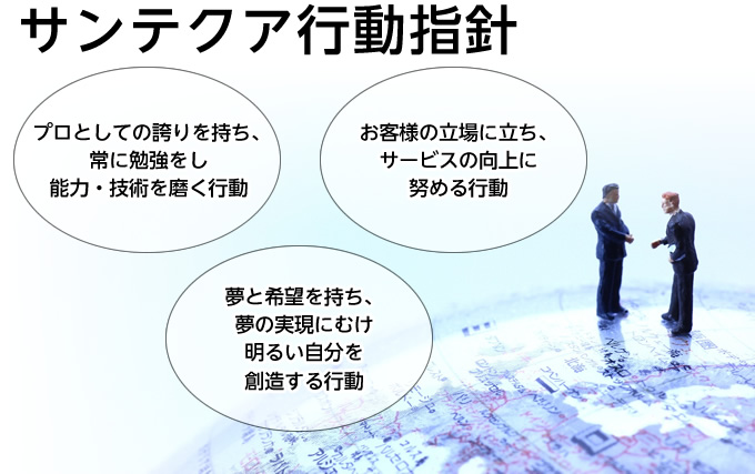 プロとしての誇りを持ち、常に勉強をし能力・技術を磨く行動・お客様の立場に立ち、サービスの向上に努める行動・夢と希望を持ち、夢の実現にむけ明るい自分を創造する行動
